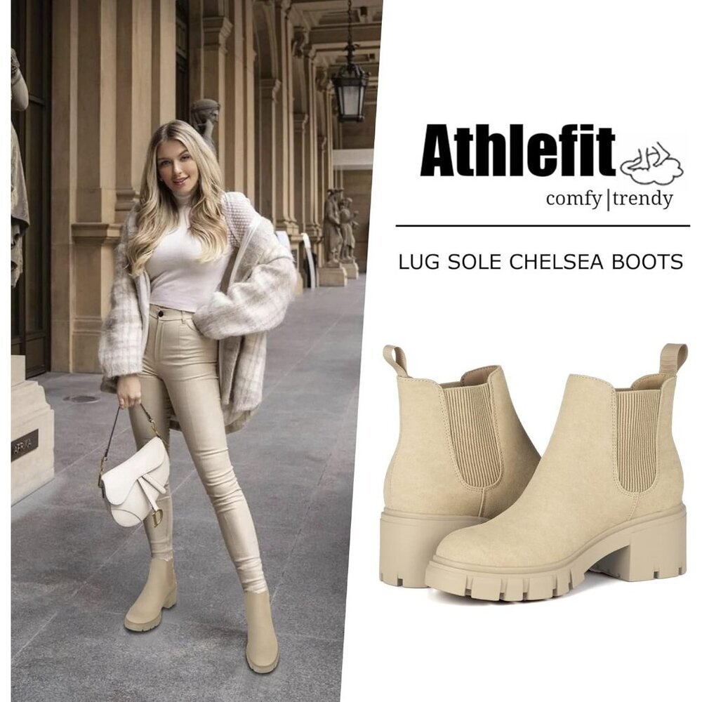 Athlefit Women's Apricot Faux Leather  Lug Sole Chunky Heel Slip on Chelsea Boot - Picture 2 of 6